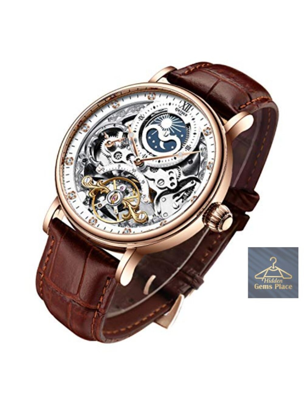 Men's Automatic Skeleton Watch with Luminous Hands and Leather Strap